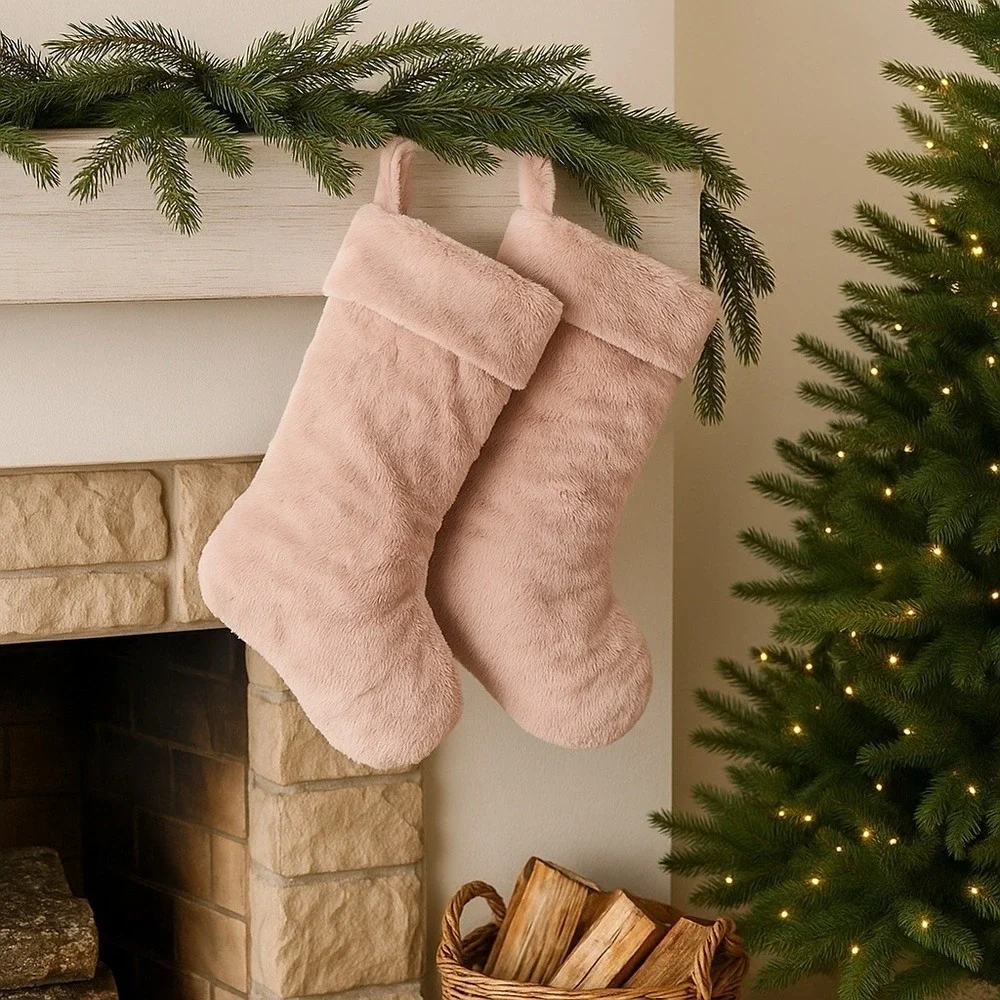 New 2 Blush Pink Faux Fur Christmas Stockings Soft Plush Holiday Decor 18